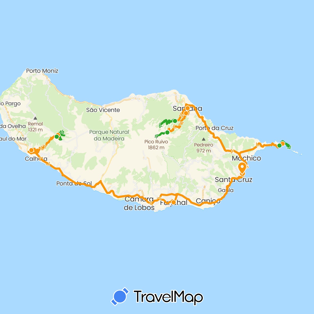 TravelMap itinerary: driving, walking, transfers in Portugal (Europe)