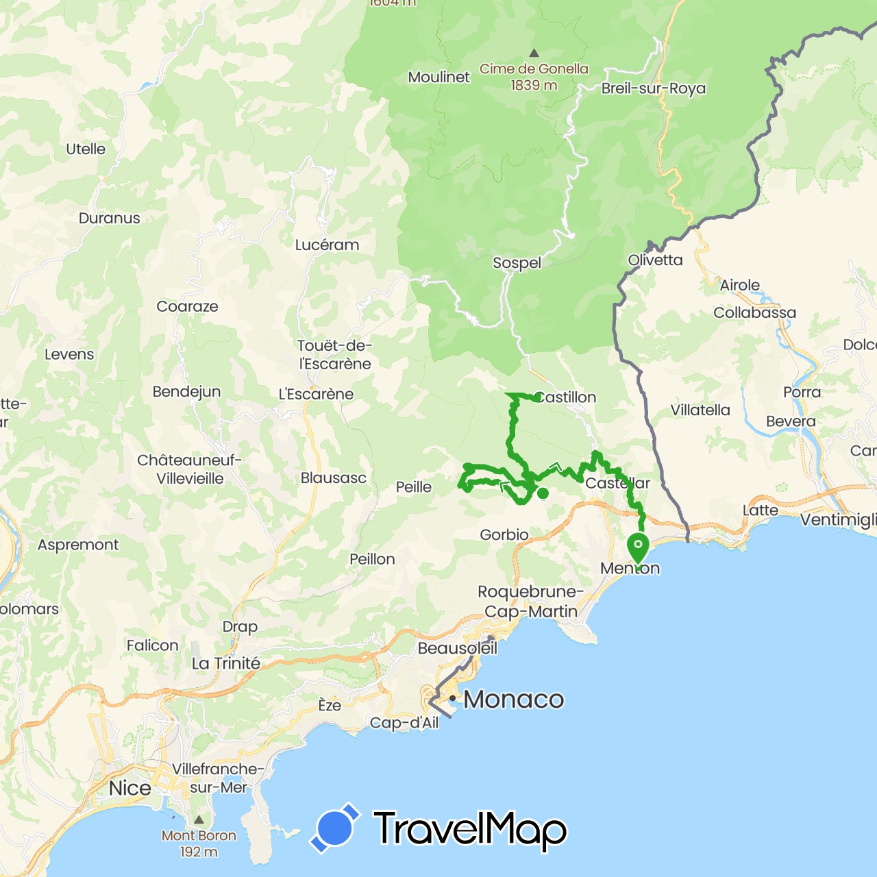 TravelMap itinerary: driving, walking, transfers in France (Europe)