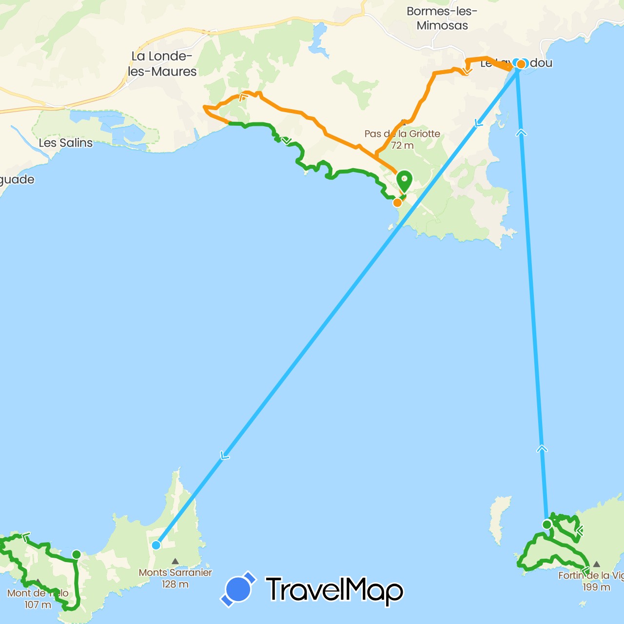 TravelMap itinerary: driving, boat, walking, transfers in France (Europe)