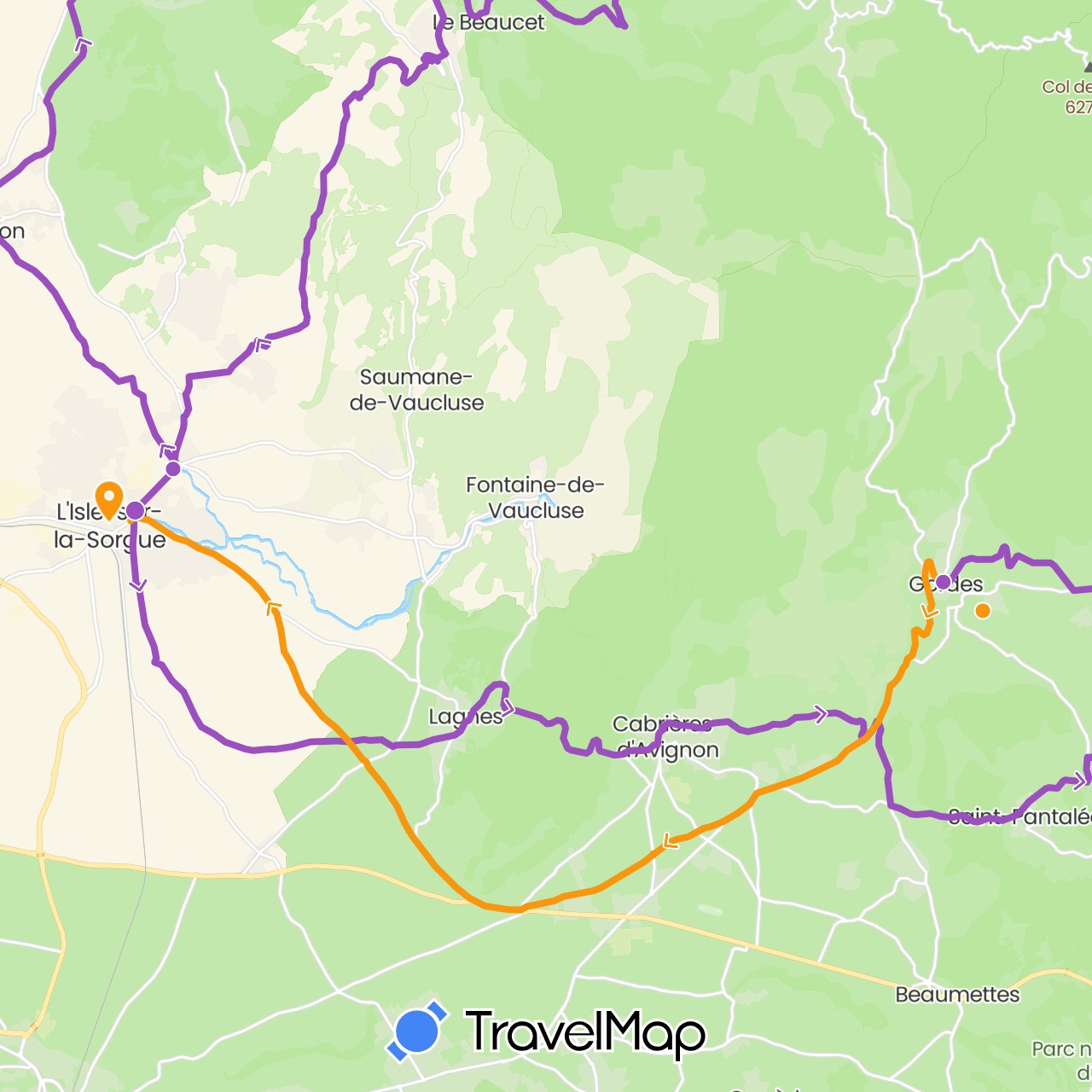 TravelMap itinerary: driving, transfers, cycling in France (Europe)