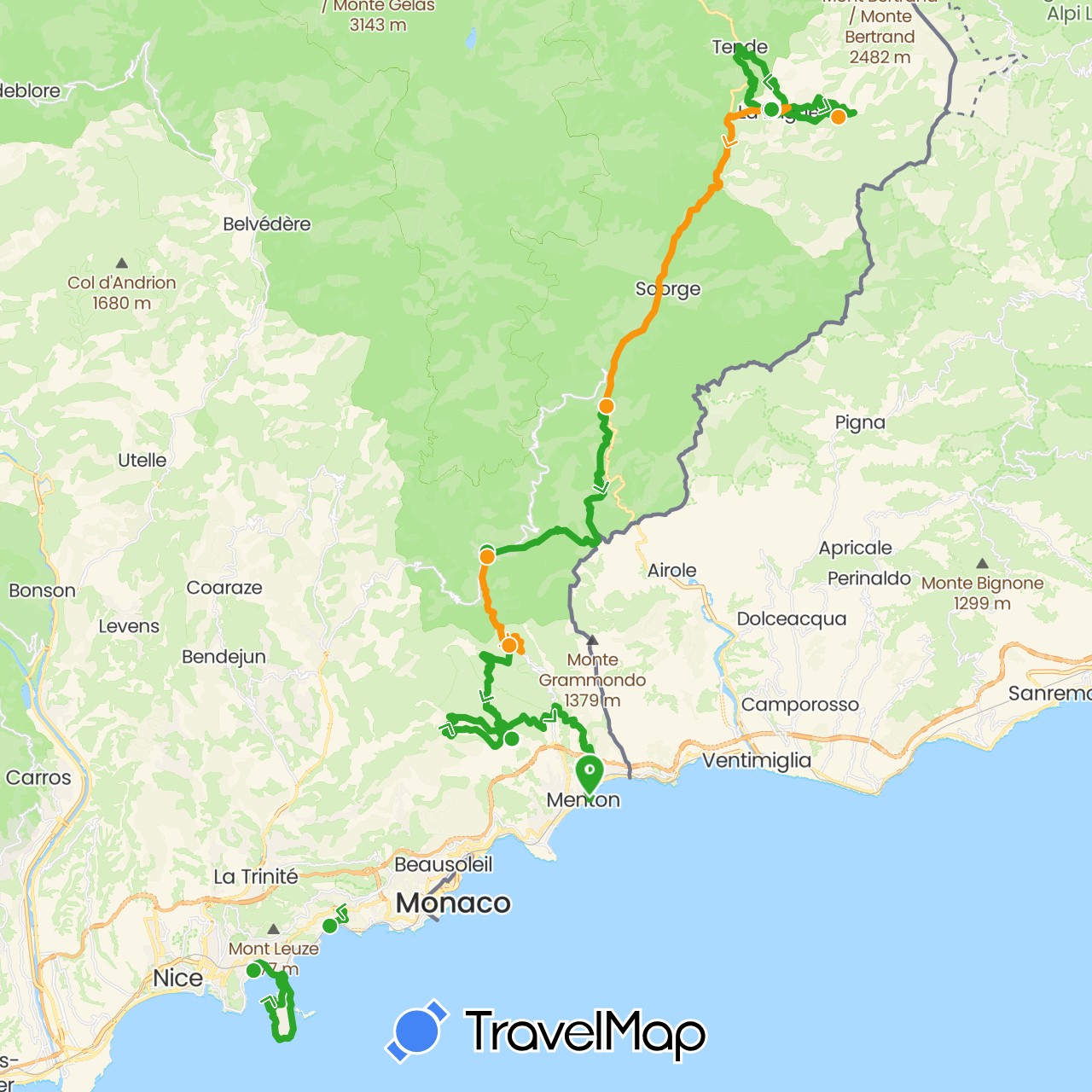 TravelMap itinerary: driving, walking, transfers in France (Europe)