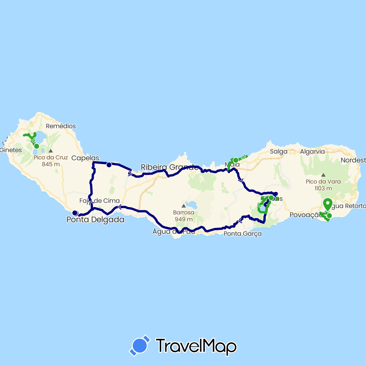 TravelMap itinerary: driving, walking in Portugal (Europe)