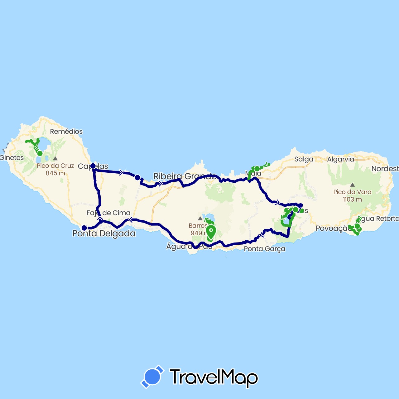 TravelMap itinerary: driving, walking in Portugal (Europe)