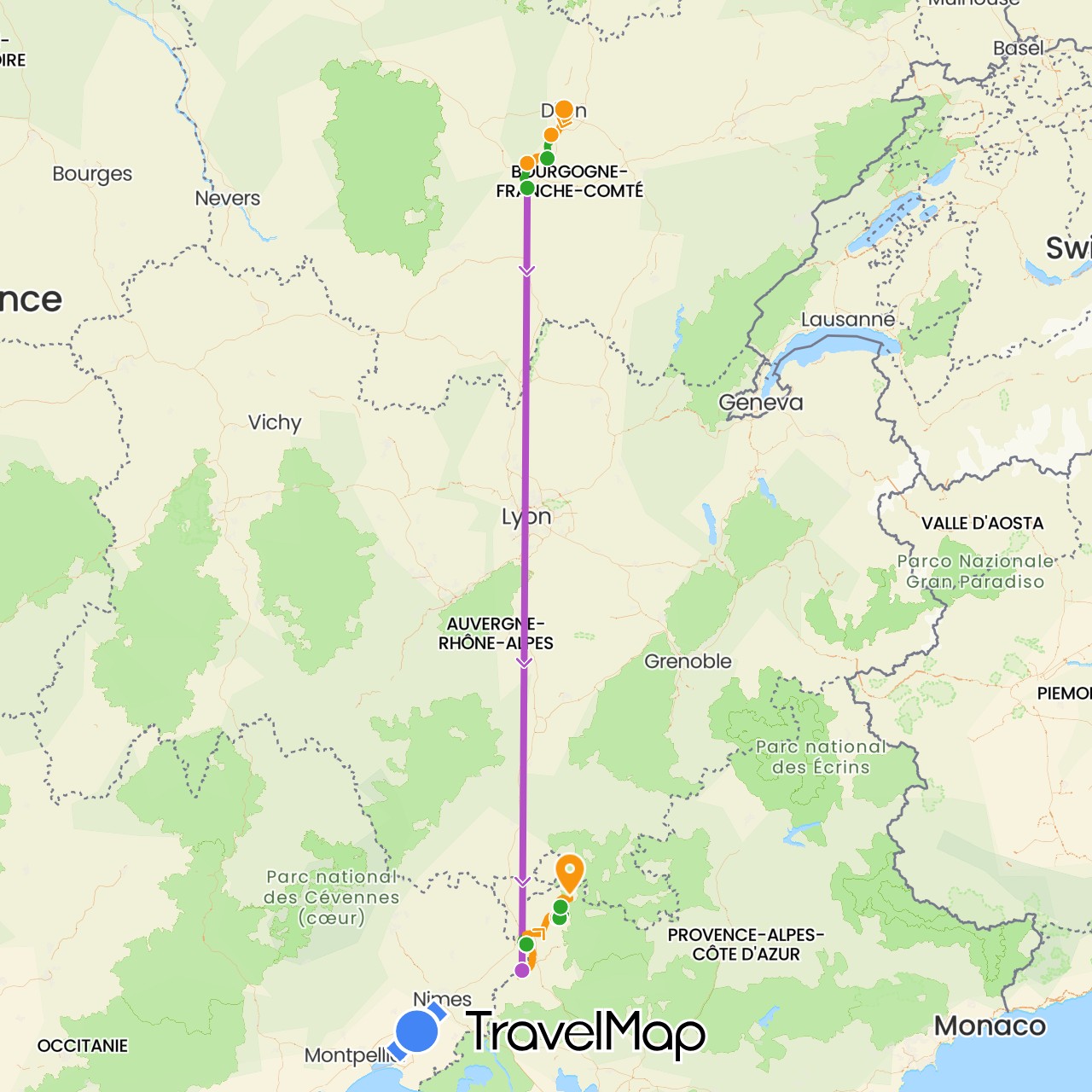 TravelMap itinerary: driving, train, walking, transfers in France (Europe)