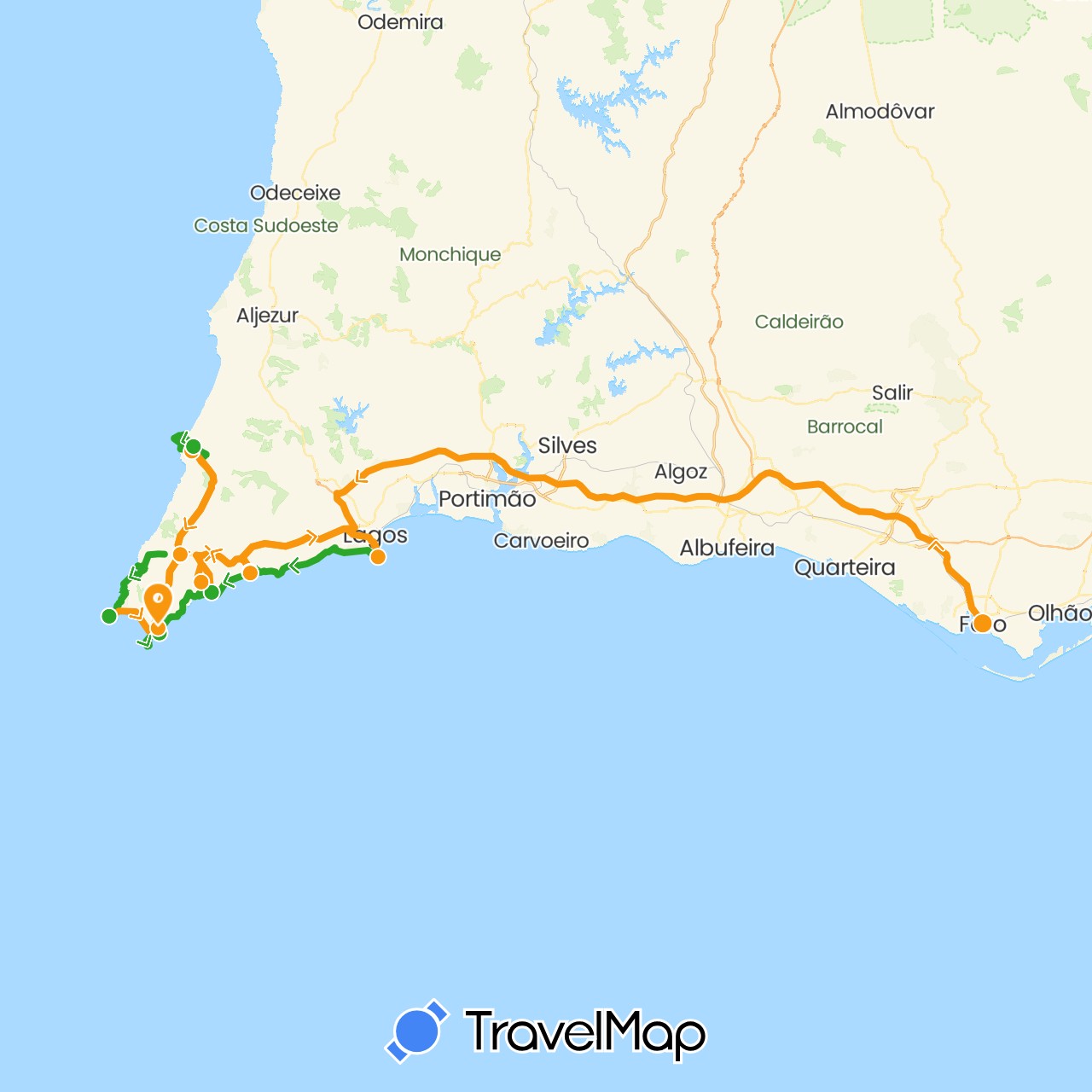 TravelMap itinerary: driving, walking, transfers in Portugal (Europe)