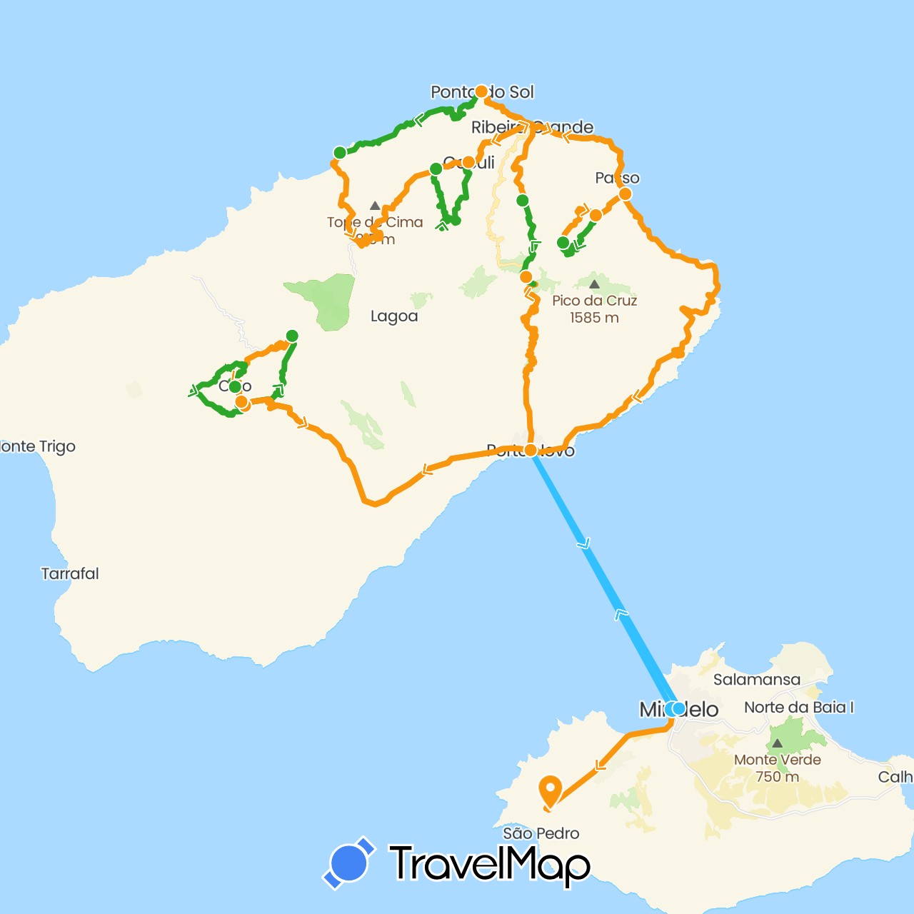 TravelMap itinerary: driving, boat, walking, transfers in Cape Verde (Africa)