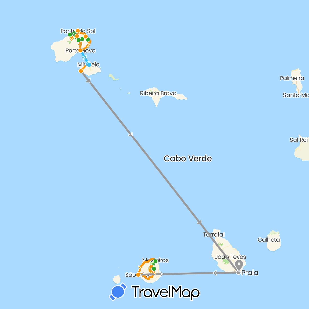 TravelMap itinerary: driving, plane, boat, walking, transfers in Cape Verde (Africa)