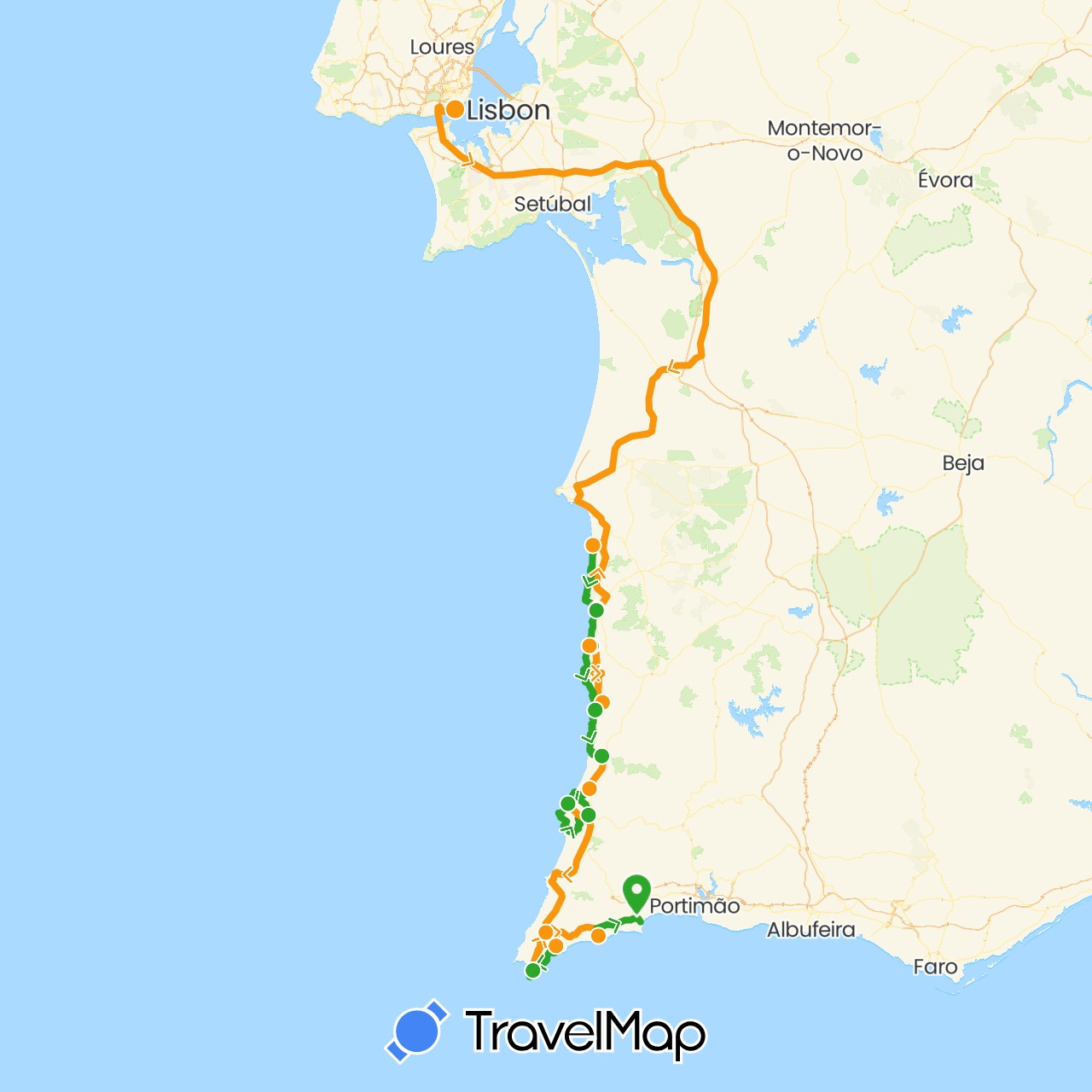 TravelMap itinerary: driving, walking, transfers in Portugal (Europe)