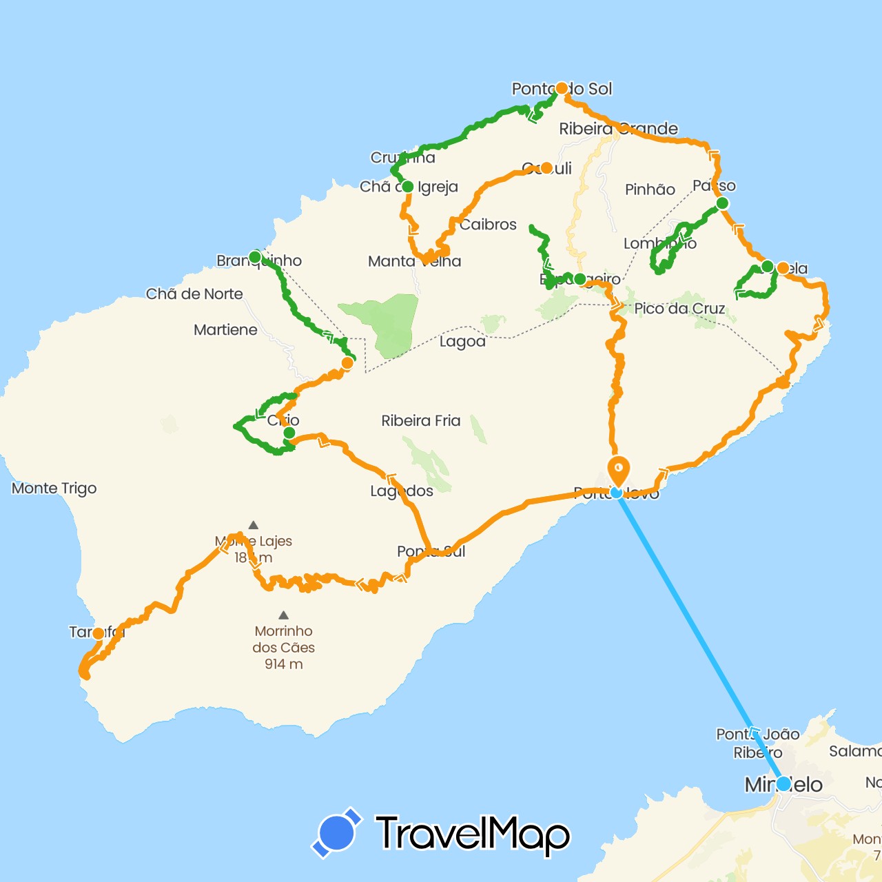 TravelMap itinerary: driving, boat, walking, transfers in Cape Verde (Africa)