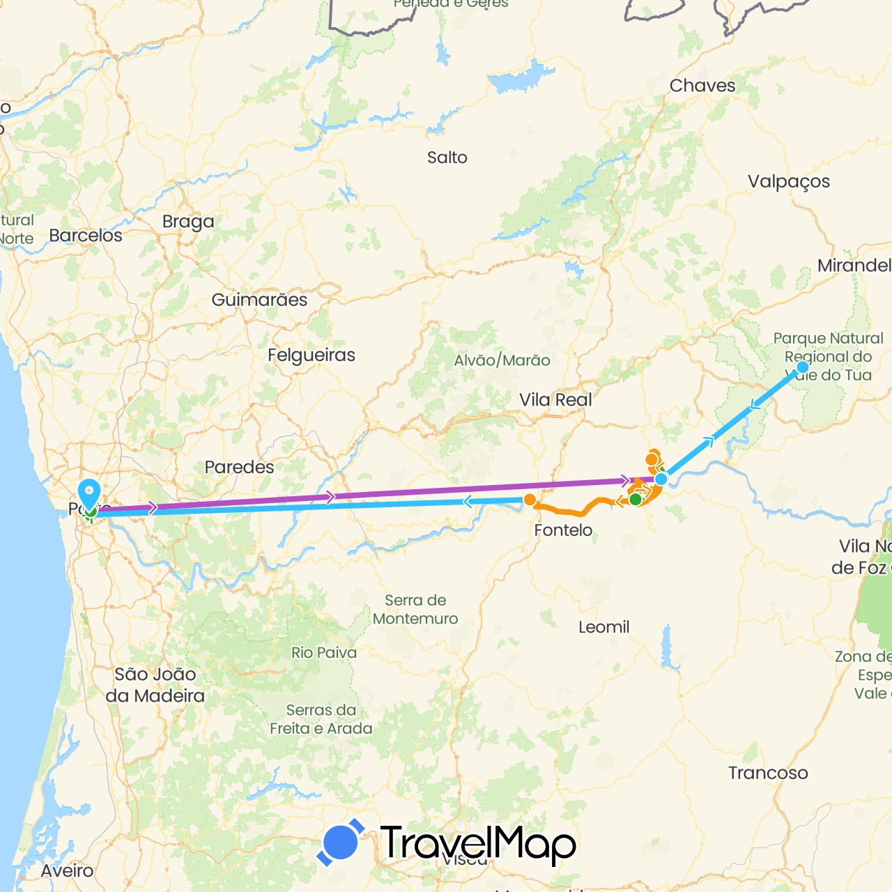 TravelMap itinerary: driving, train, boat, walking, transfers in Portugal (Europe)