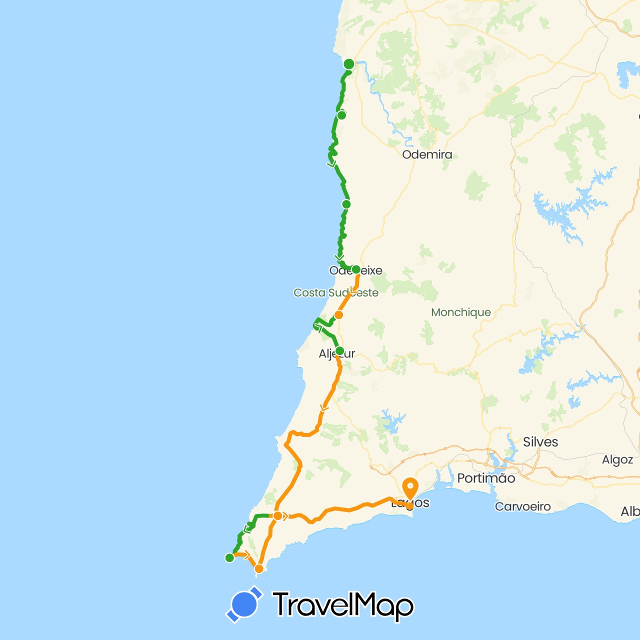 TravelMap itinerary: driving, walking, transfers in Portugal (Europe)