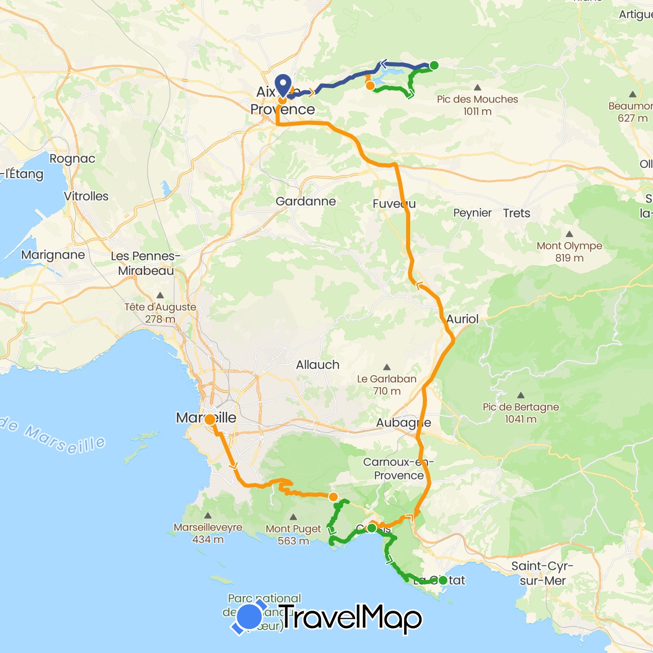 TravelMap itinerary: driving, walking, transfers, bus in France (Europe)