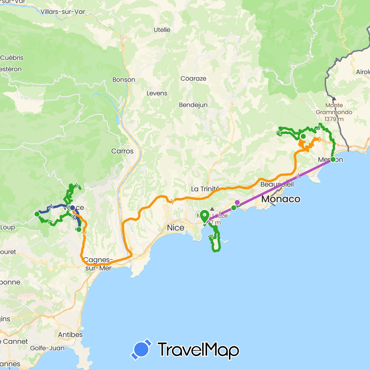 TravelMap itinerary: driving, train, walking, transfers, bus in France (Europe)