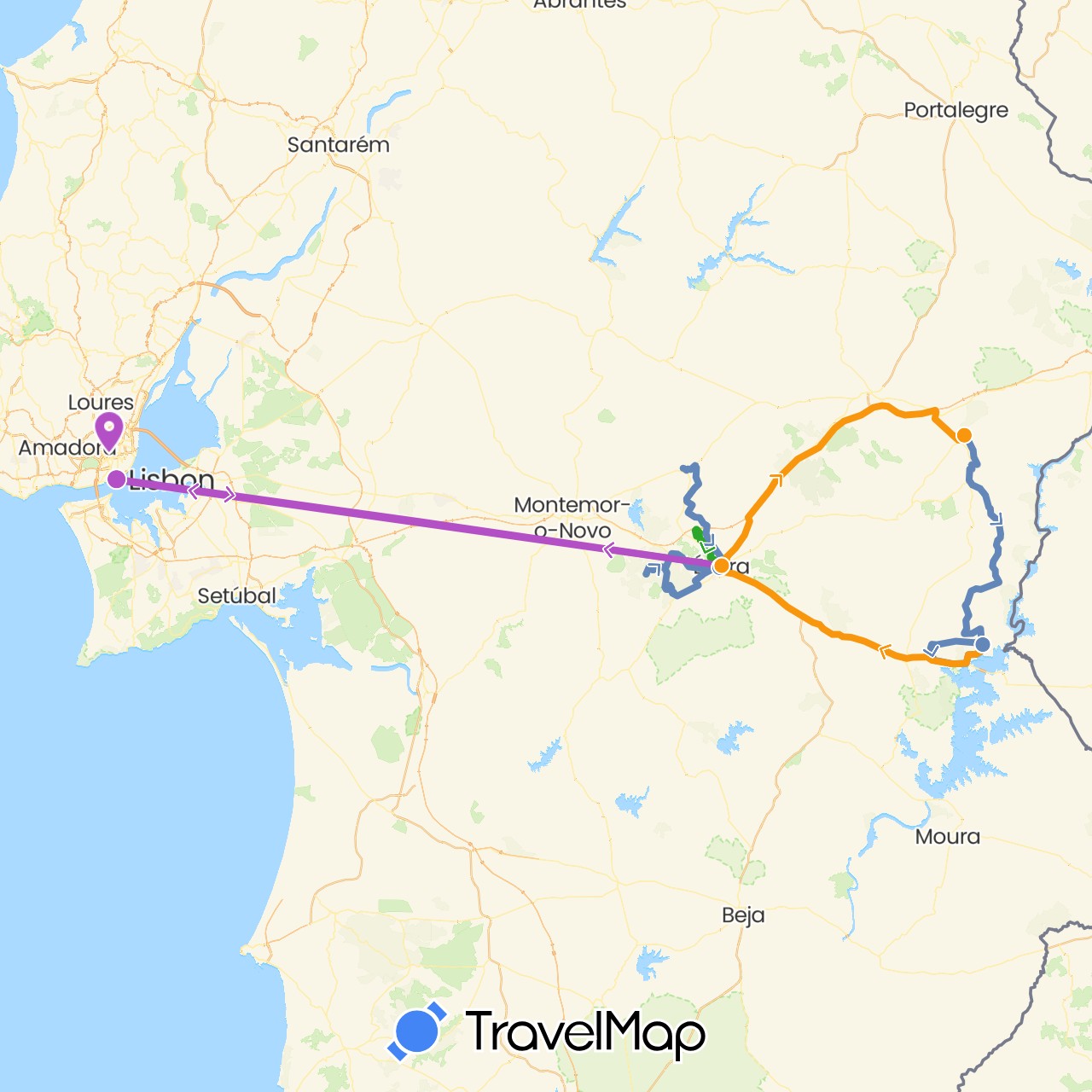 TravelMap itinerary: driving, cycling, train, walking, transfers in Portugal (Europe)