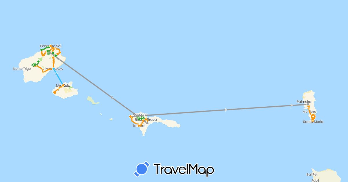 TravelMap itinerary: driving, plane, boat, walking, transfers in Cape Verde (Africa)