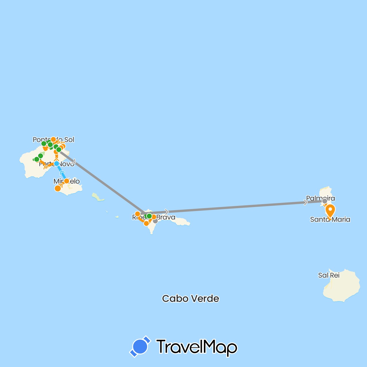 TravelMap itinerary: driving, plane, boat, walking, transfers in Cape Verde (Africa)