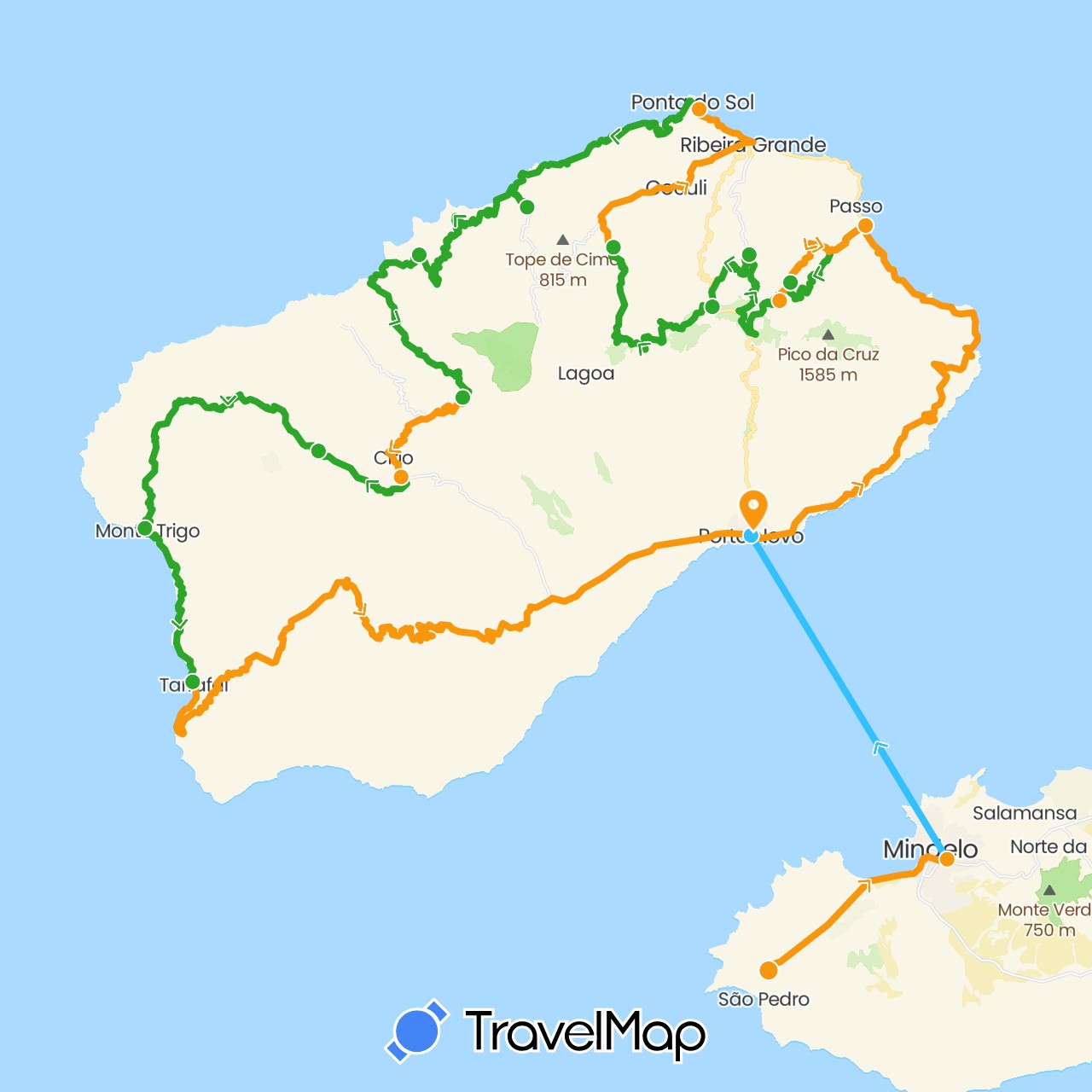 TravelMap itinerary: driving, boat, walking, transfers in Cape Verde (Africa)