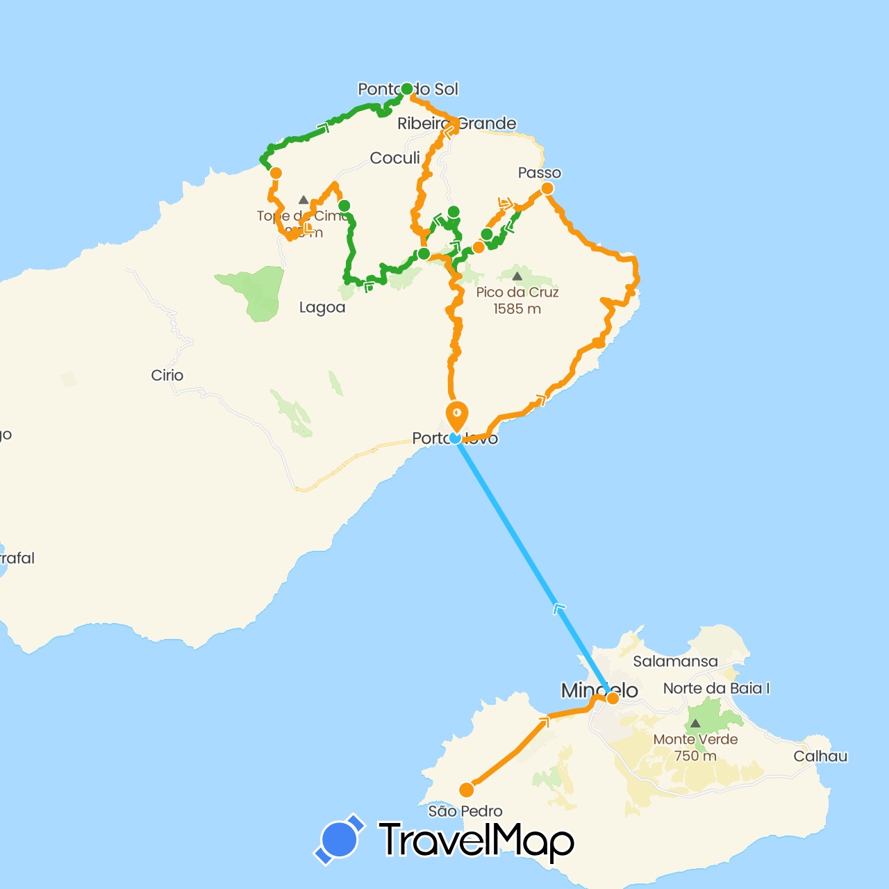 TravelMap itinerary: driving, boat, walking, transfers in Cape Verde (Africa)