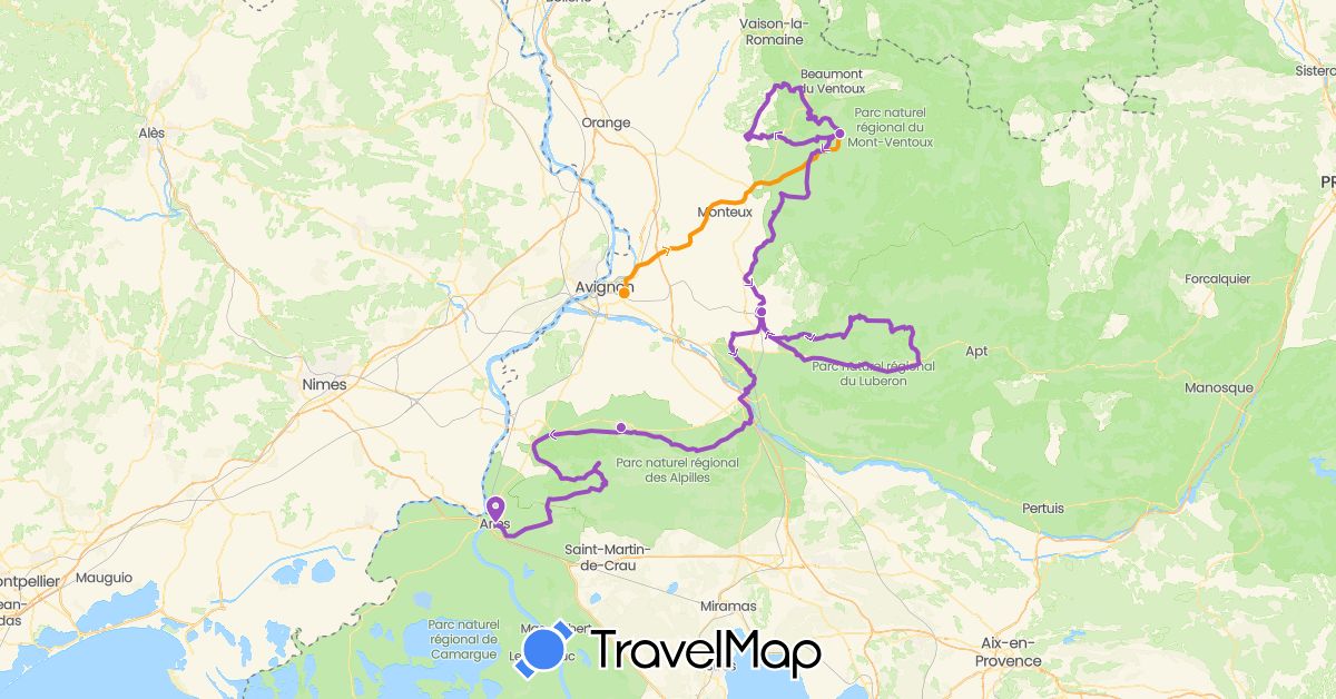 TravelMap itinerary: driving, transfers, cycling in France (Europe)