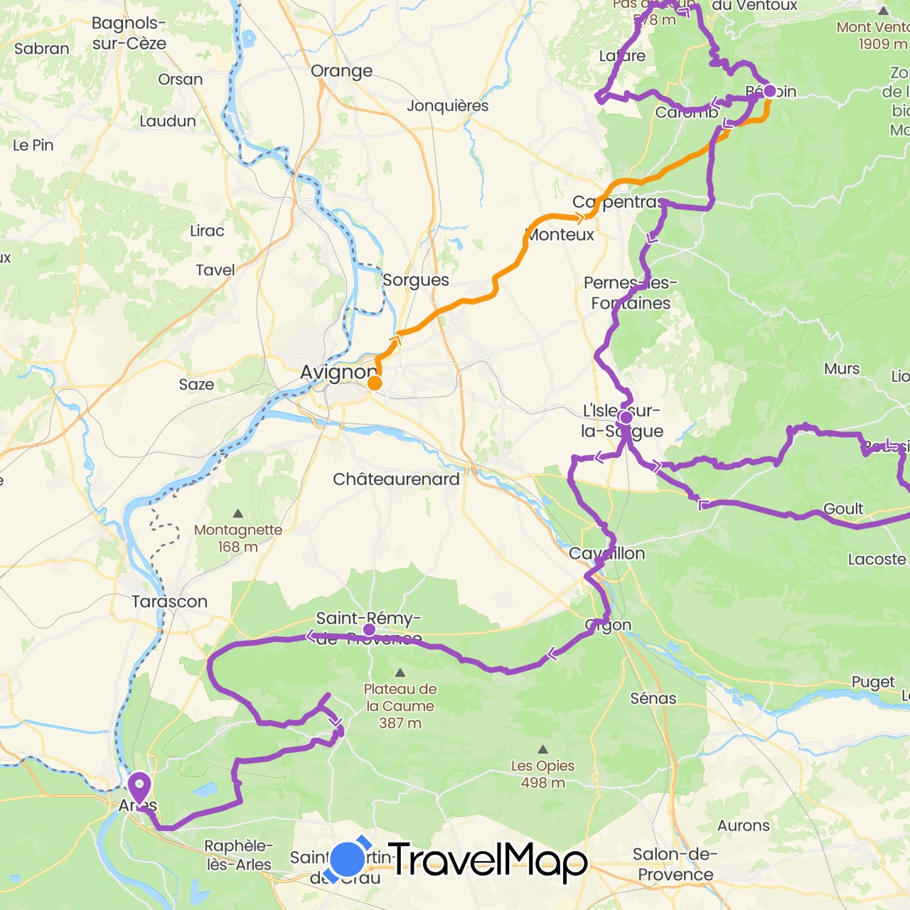 TravelMap itinerary: driving, transfers, cycling in France (Europe)