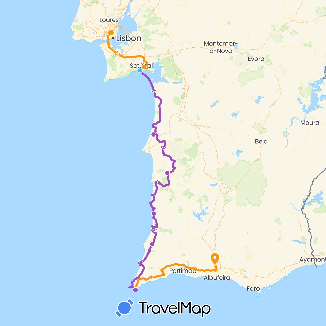 TravelMap itinerary: driving, boat, transfers, cycling in Portugal (Europe)