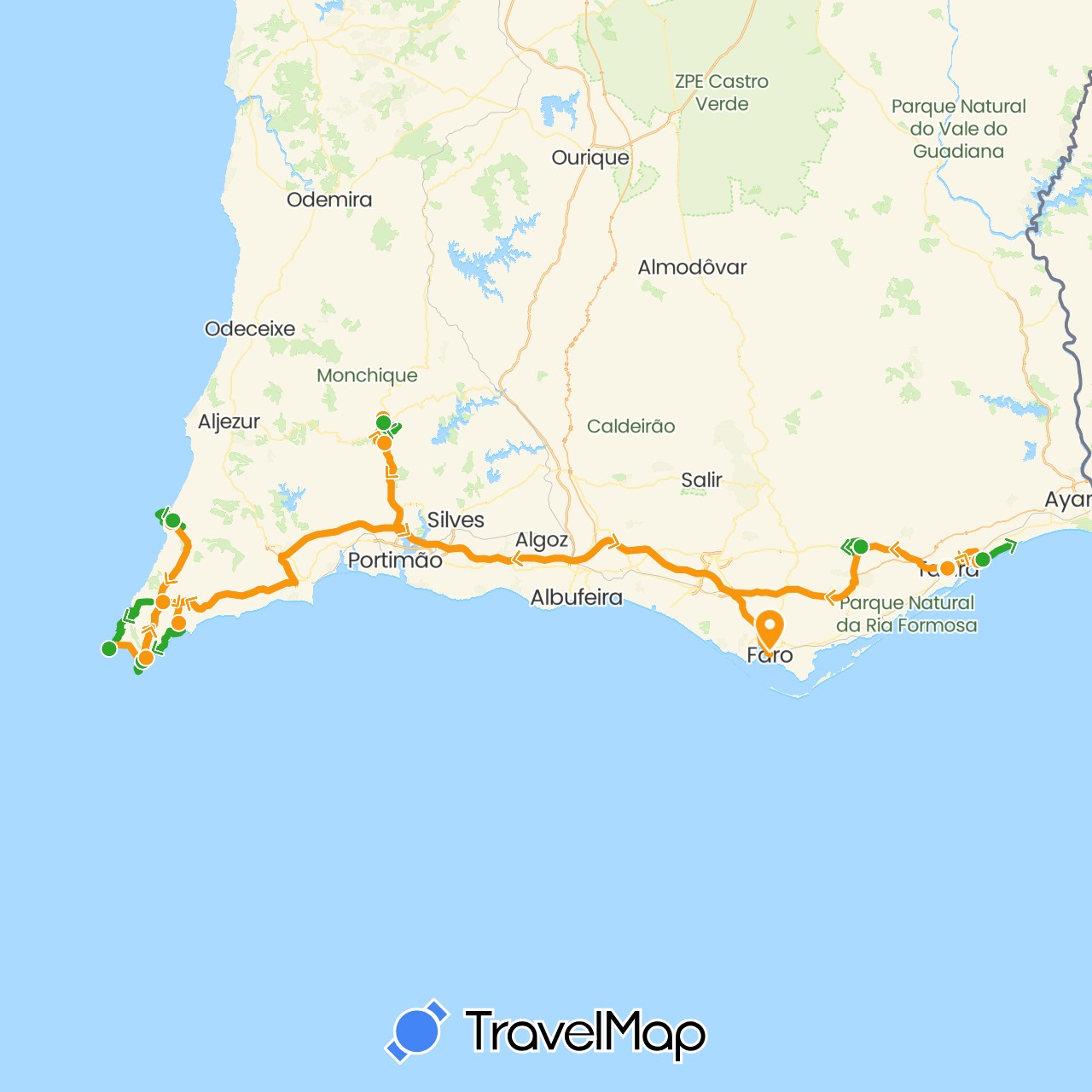 TravelMap itinerary: driving, walking, transfers in Portugal (Europe)