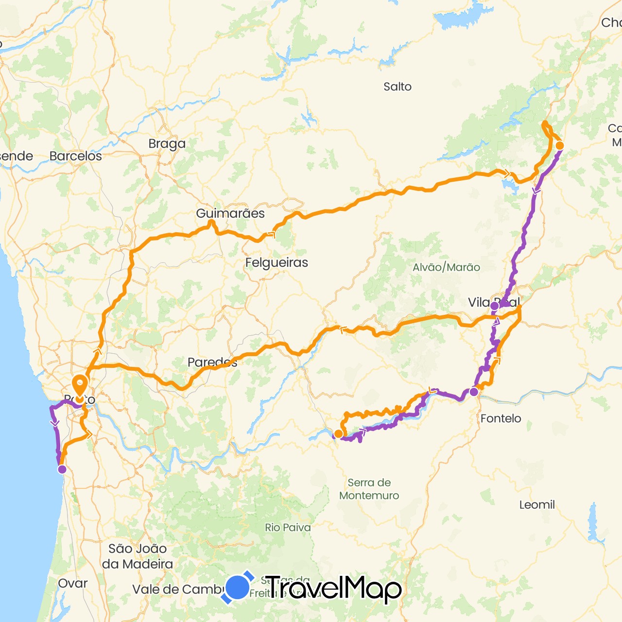 TravelMap itinerary: driving, transfers, cycling in Portugal (Europe)