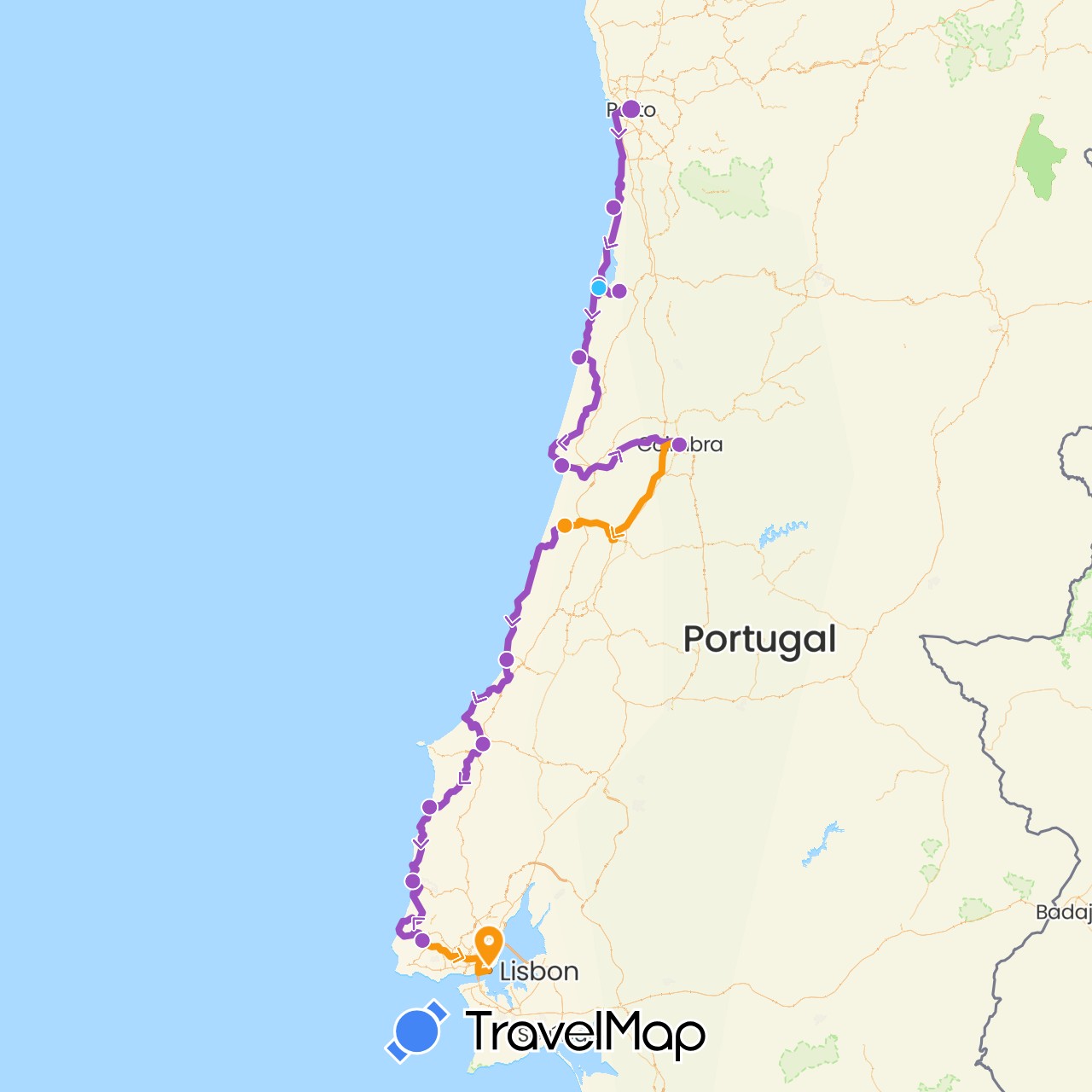 TravelMap itinerary: driving, boat, transfers, cycling in Portugal (Europe)