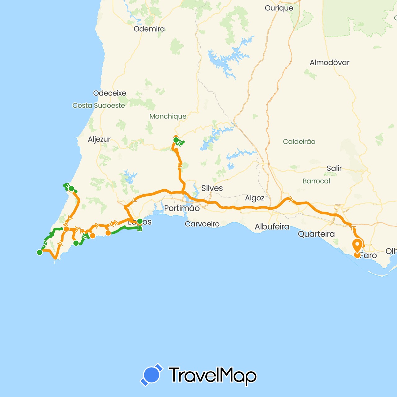 TravelMap itinerary: driving, walking, transfers in Portugal (Europe)