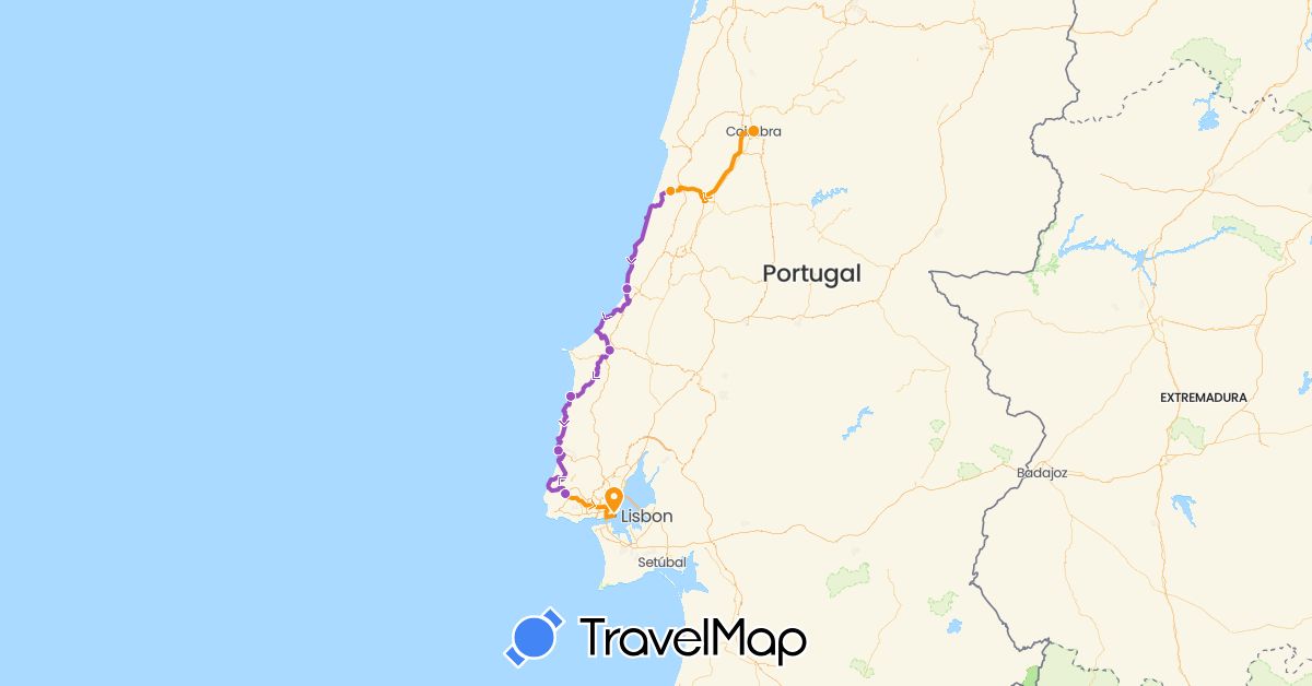 TravelMap itinerary: driving, transfers, cycling in Portugal (Europe)