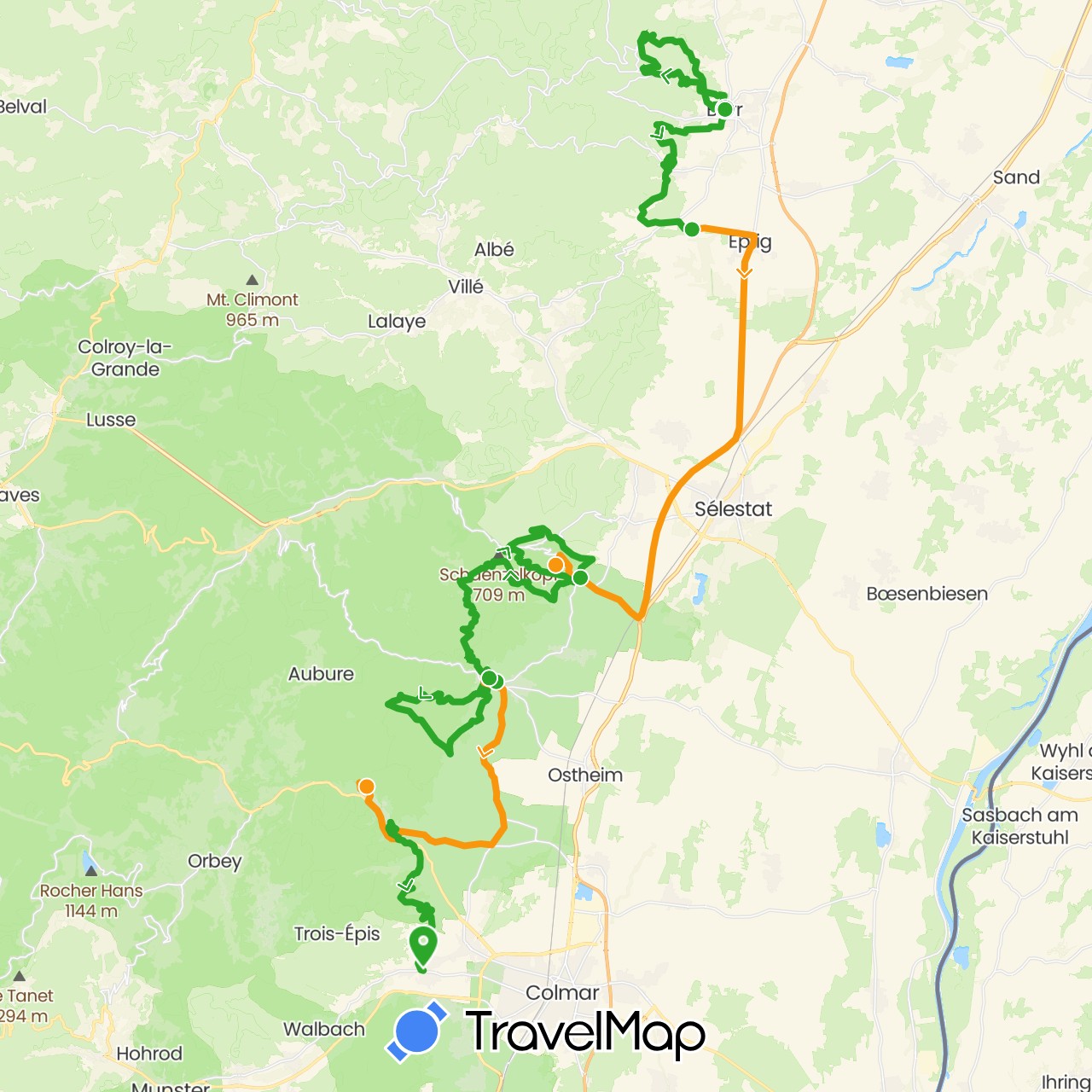 TravelMap itinerary: driving, walking, transfers in France (Europe)