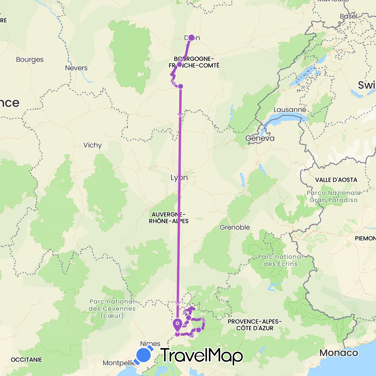 TravelMap itinerary: driving, train, cycling in France (Europe)