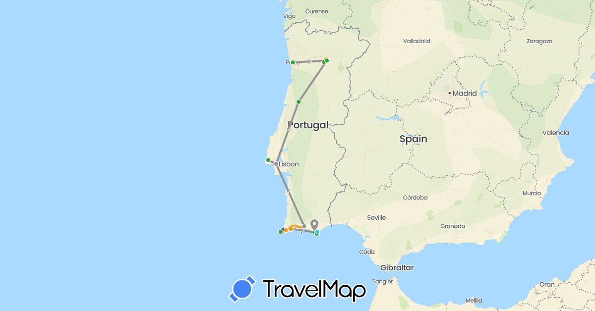 TravelMap itinerary: driving, boat, walking, transfers, bus, train in Portugal (Europe)