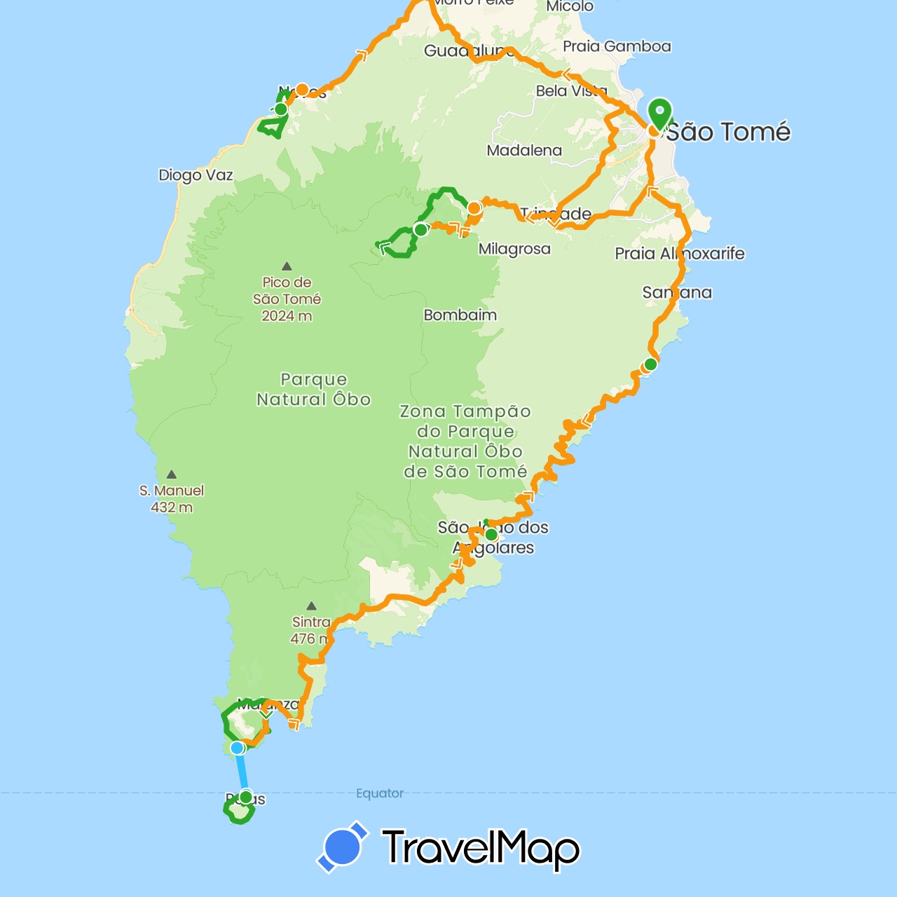 TravelMap itinerary: driving, boat, walking, transfers in São Tomé and Príncipe (Africa)